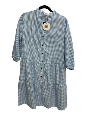 Light Blue Gingham Midi Dress with Button Front